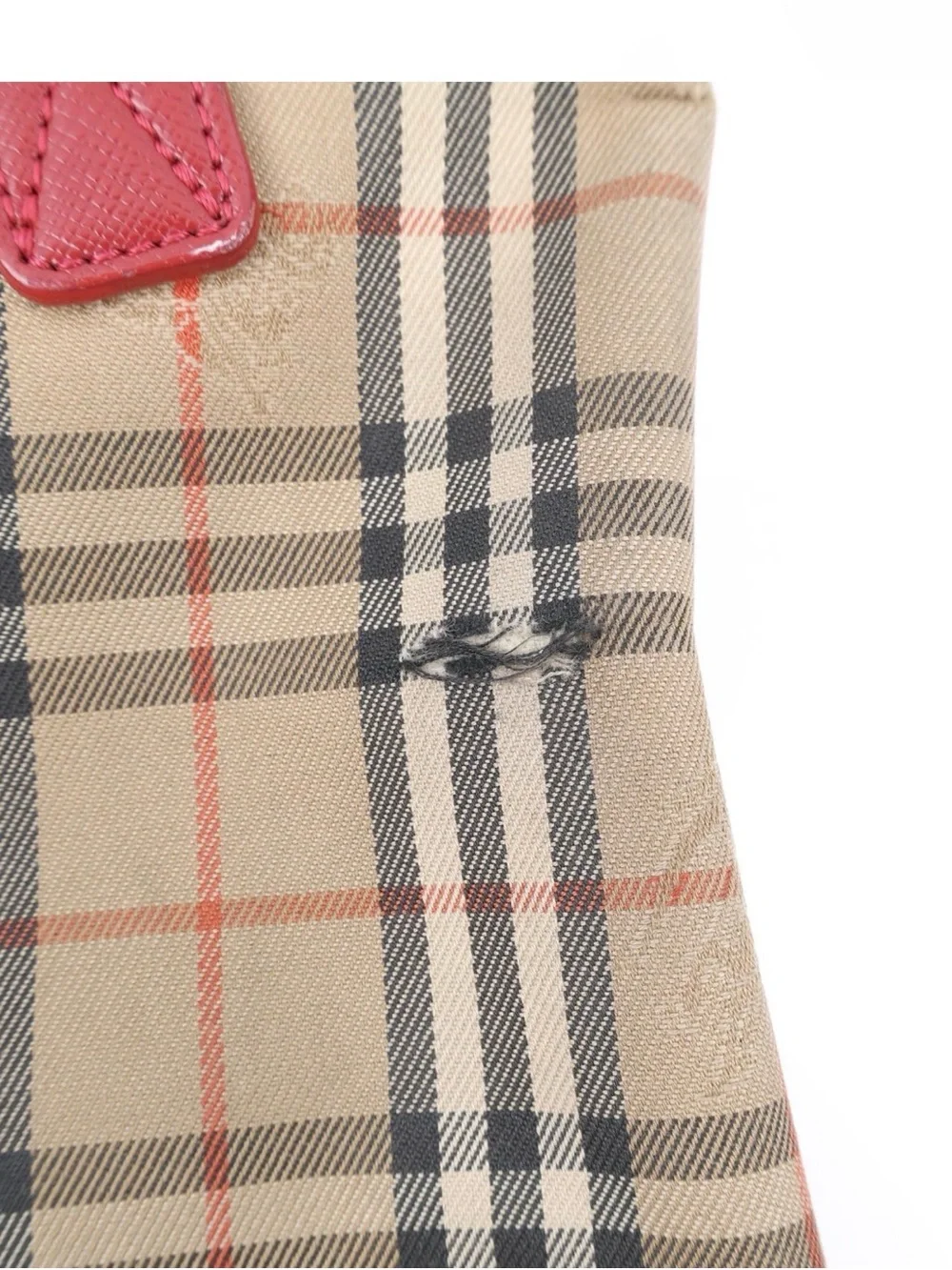 Burberry Vintage Nova Check Beige Canvas Shoulder Bag with Red Leather Trim